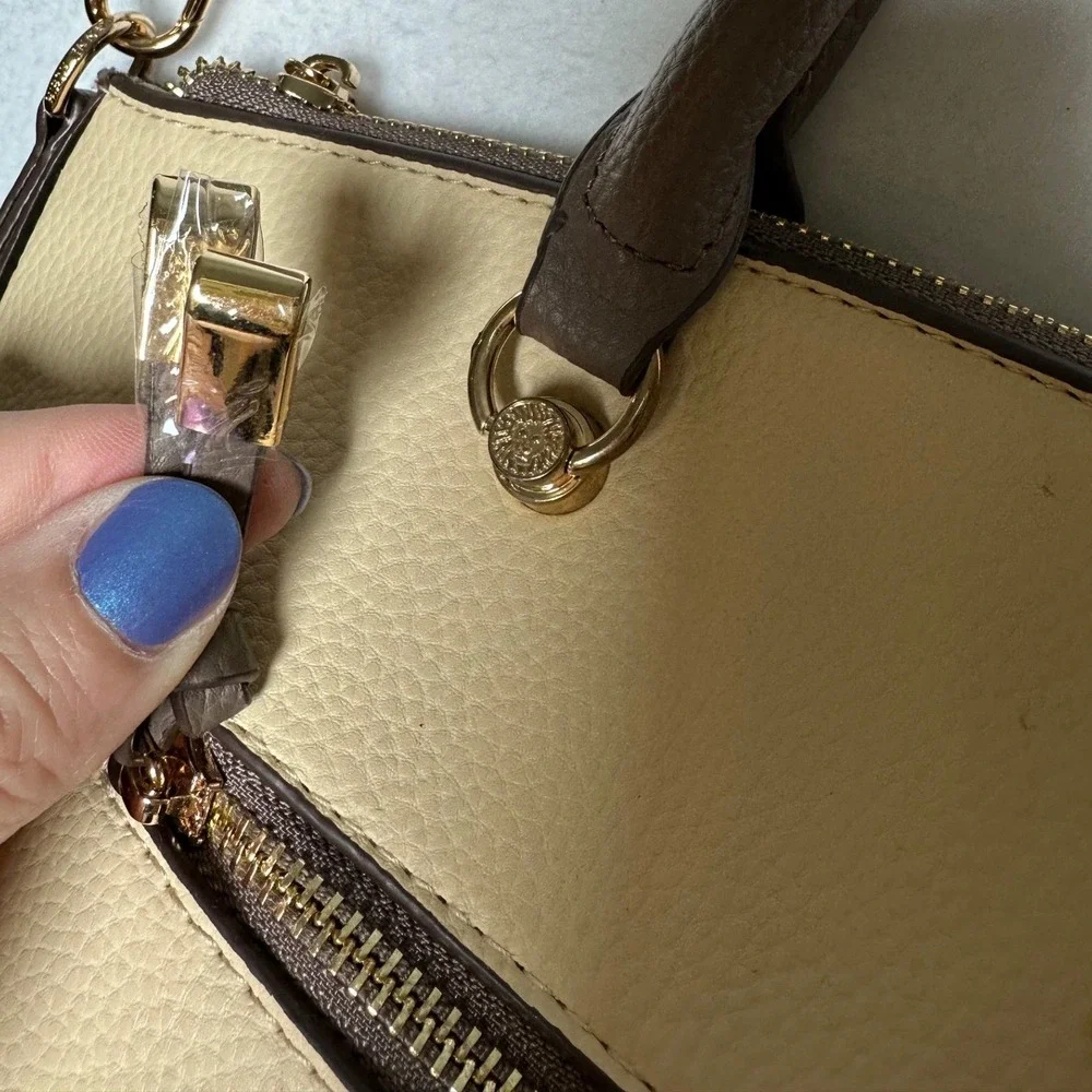 Anne Klein Two Tone Pebbled Satchel Crossbody Bag Beige Taupe Gold Tone NWOT